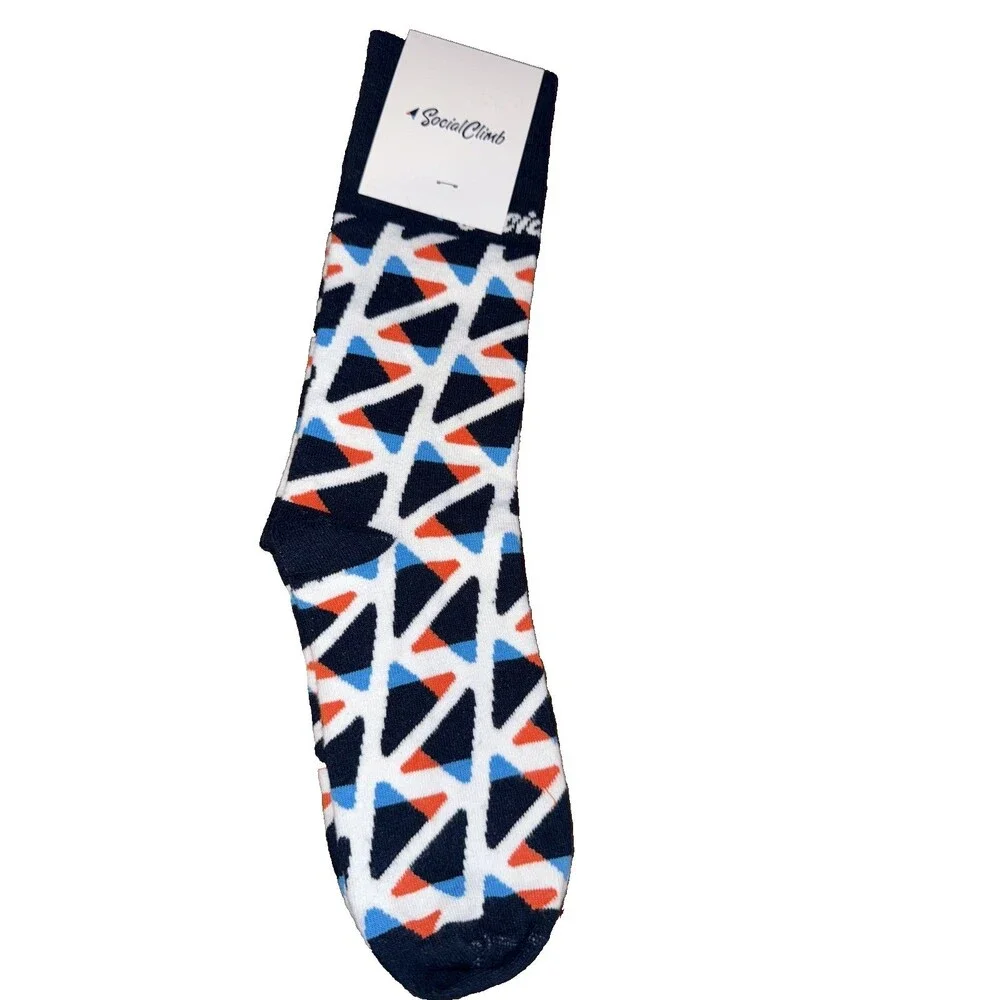 Social Climb Crew Socks Made in USA Blue White Orange Geometric Pattern NWT